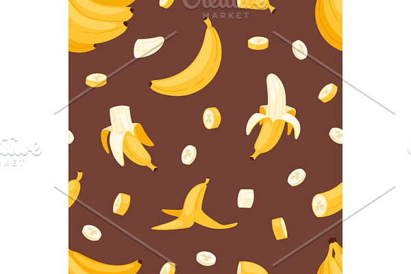 Banana set vector bananas products bread pancake or banana split with yellow banana illustration bananapeel seamless pattern background
