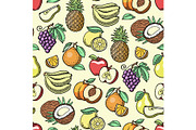 Fruits vector fruity apple banana and exotic papaya handmade sketch old retro vintage graphic style illustration. Fresh slices tropical dragonfruit or juicy orange fruitful seamless pattern background