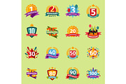 Happy Birthday anniversary vector numbers badge banner design flat background set. Birthday card invintation icons celebration emblem. Anniversary card happy birthday badges birth date sticker symbol.