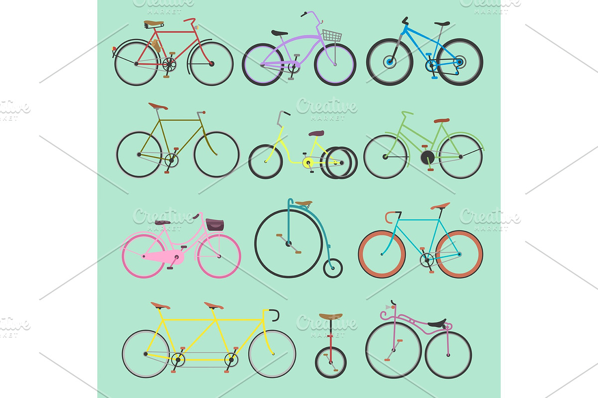 Retro bike vintage vector old-fashioned girls and hipster transport ride vehicle bicycles summer transportation for bikers sport modern street outdoor travel cycle illustration isolated on background in Illustrations - product preview 8