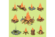 Fire flame or firewood outdoor travel bonfire vector fired flaming fireplace and flammable campfire illustration fiery or flamy forest set with wildfire isolated on background
