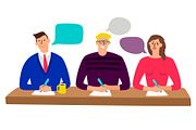 Judging committee. Judges table with quiz scoring men and woman people vector illustration
