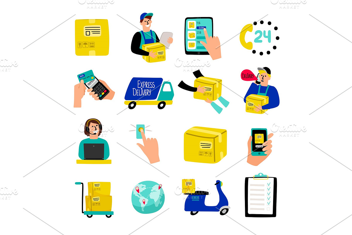 Cartoon delivery icons. Fast delivery illustrative vectors with quick courier and truck van, container package and warehouse cargo receiving isolated on white in Illustrations - product preview 8