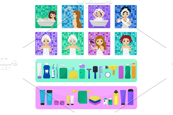 Woman bathing in bathroom vector beautiful girl character washing in bath illustration set of women with skincare cream or hygiene personal care isolated on white background