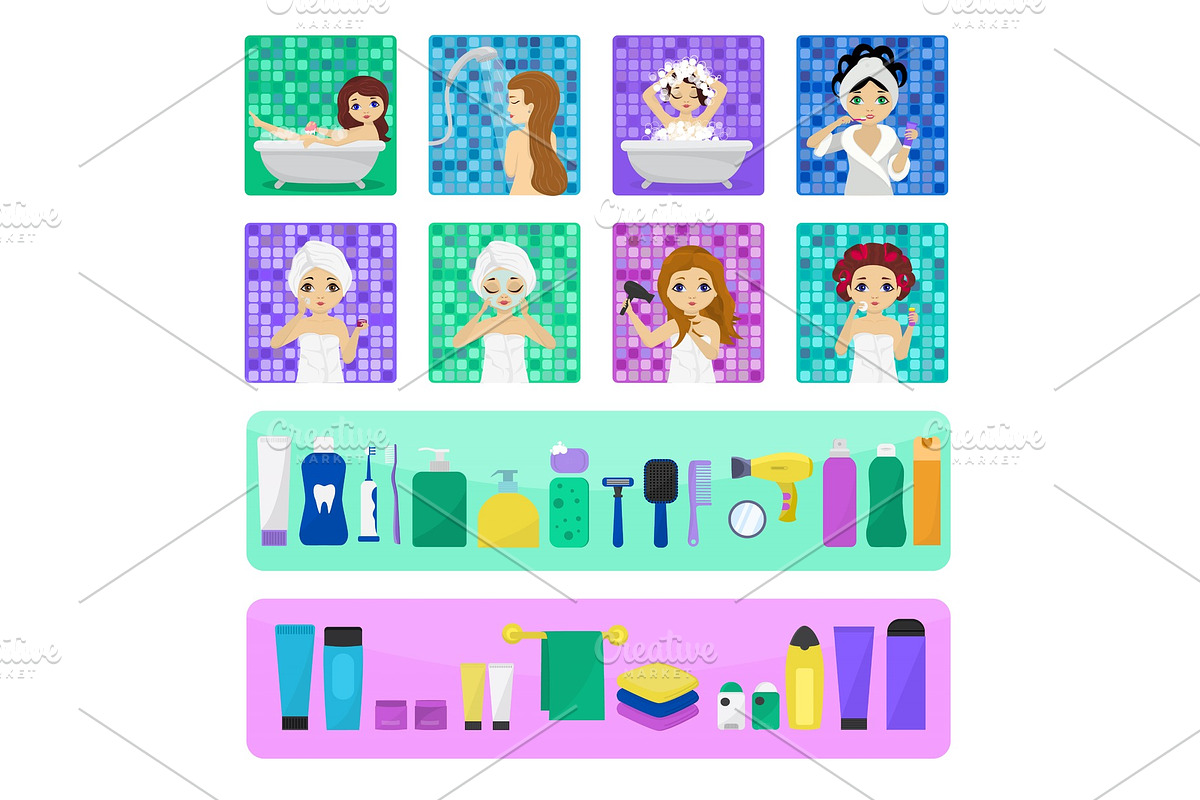 Woman bathing in bathroom vector beautiful girl character washing in bath illustration set of women with skincare cream or hygiene personal care isolated on white background in Illustrations - product preview 8