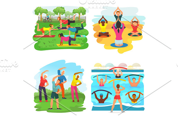 Workout exercise vector active people exercising with trainer in sportive group in park illustration set of man or woman character training fitness activity isolated on white background