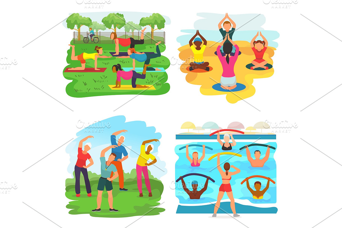 Workout exercise vector active people exercising with trainer in sportive group in park illustration set of man or woman character training fitness activity isolated on white background in Illustrations - product preview 8