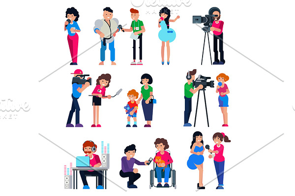 Journalist vector cameraman character and tv reporter broadcasting news or press interview with man or woman illustration set of journalistic people working on television isolated on white background