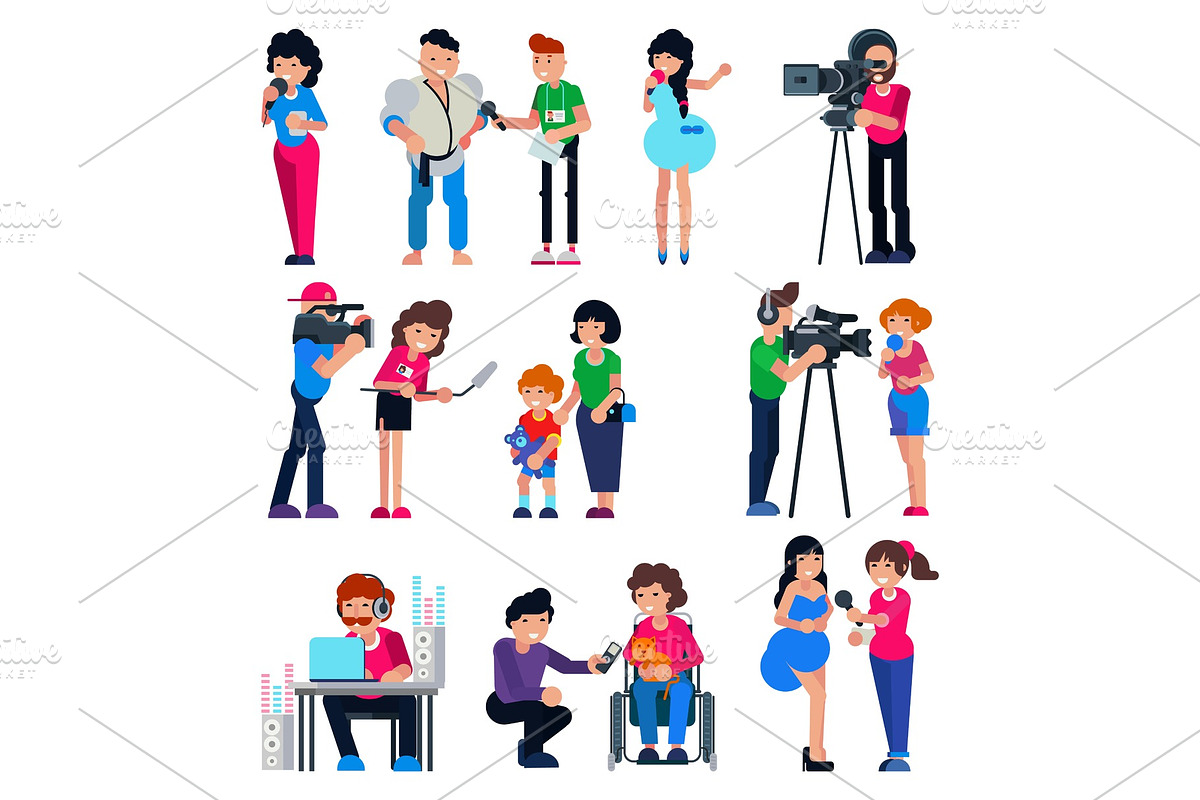 Journalist vector cameraman character and tv reporter broadcasting news or press interview with man or woman illustration set of journalistic people working on television isolated on white background in Illustrations - product preview 8