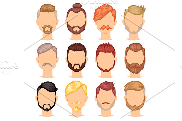 Beards vector portraite of bearded man with male haircut in barbershop and barbed mustache on hipsters face illustration set of barber manlike hairstyle isolated on white background