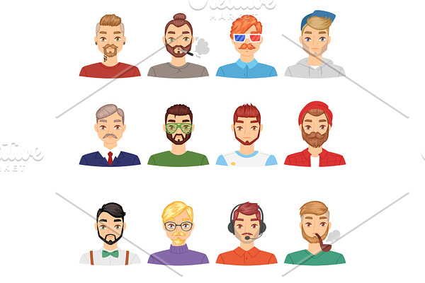 Beards vector portraite of bearded man with male haircut in barbershop and barbed mustache on hipsters face illustration set of people with barber hairstyle isolated on white background