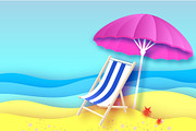 Pink parasol - umbrella in paper cut style. Blue Chaise lounge. Origami sea and beach. Vacation and travel concept.