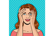 Girl peeking hands pop art vector illustration