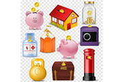 Money box vector financial bank or money-box with investment savings and coins illustration set of piggybank or moneybox with cash isolated on transparent background