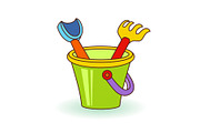 Vector illustration children scoop, rakes and baby bucket with sand. Beach toys