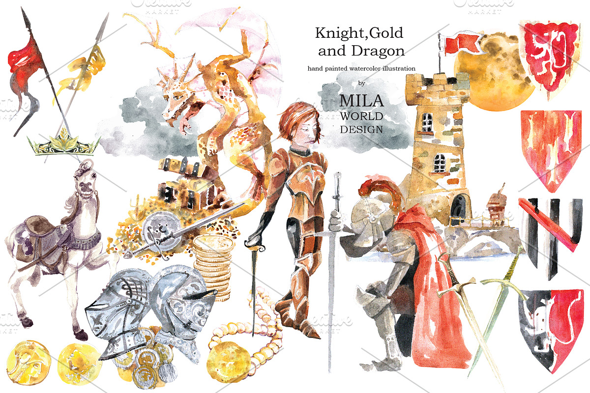 Watercolor Knight and Dragon clipart in Graphics - product preview 8