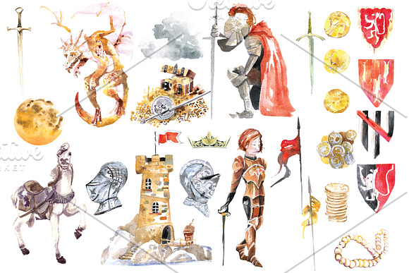 Watercolor Knight and Dragon clipart in Graphics - product preview 1