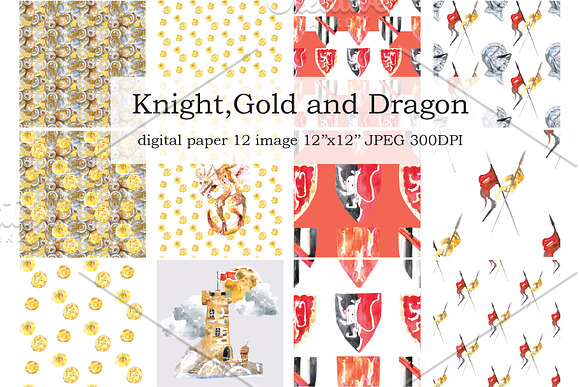 Watercolor Knight and Dragon clipart in Graphics - product preview 3
