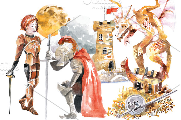Watercolor Knight and Dragon clipart in Graphics - product preview 5