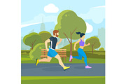 Runners in the city park. Urban lifestyle vector illustration
