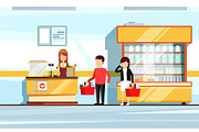 Saleswoman in supermarket interior. People standing in store checkout line. Vector flat illustration of mall