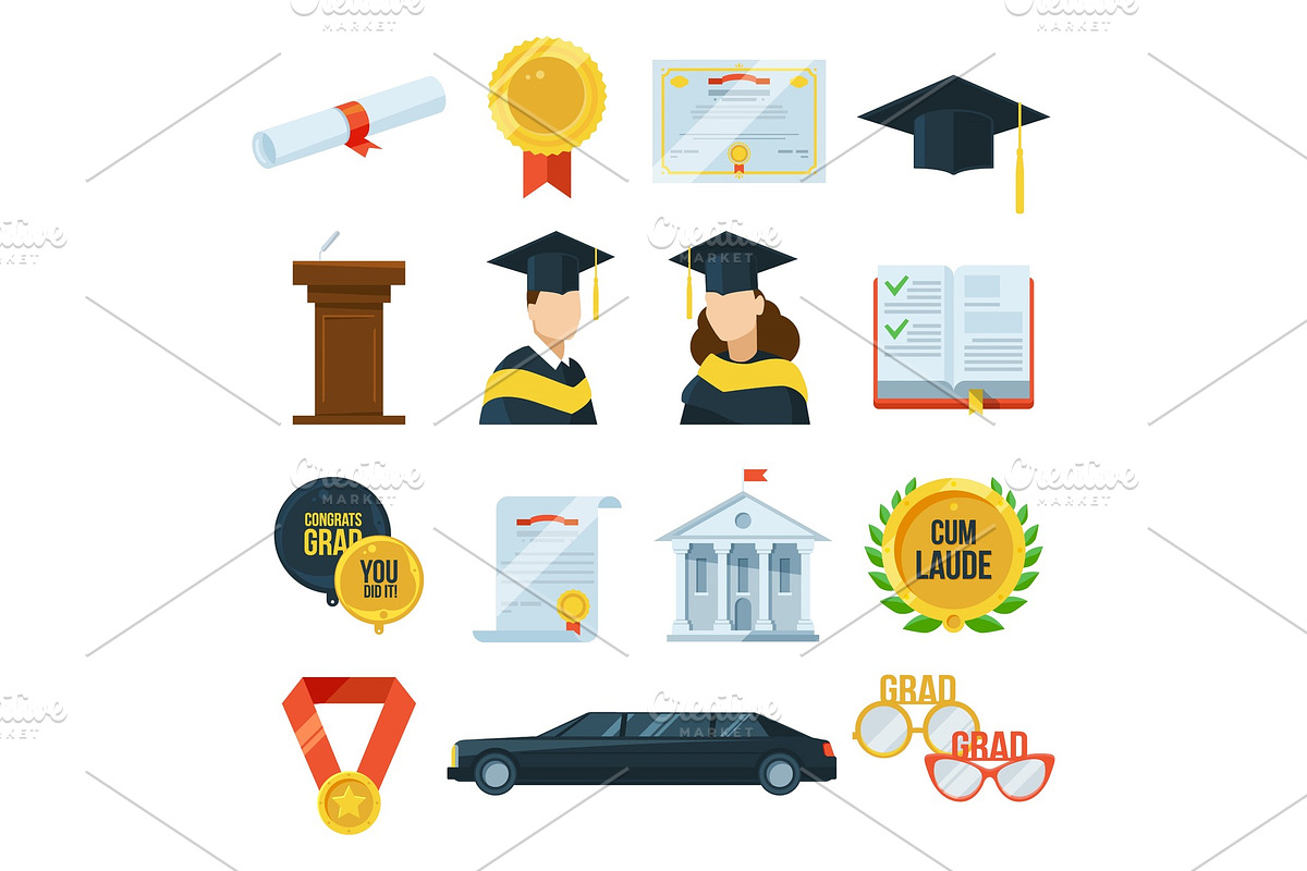 Vector icons set of graduation student party. Gown and cap, diplomas. Illustration in flat style in Illustrations - product preview 8