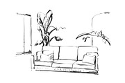 Modern interior room sketch. Hand drawn sofa, flowerpot and pictures