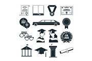 Students graduation party in monochrome style. Black vector icons set