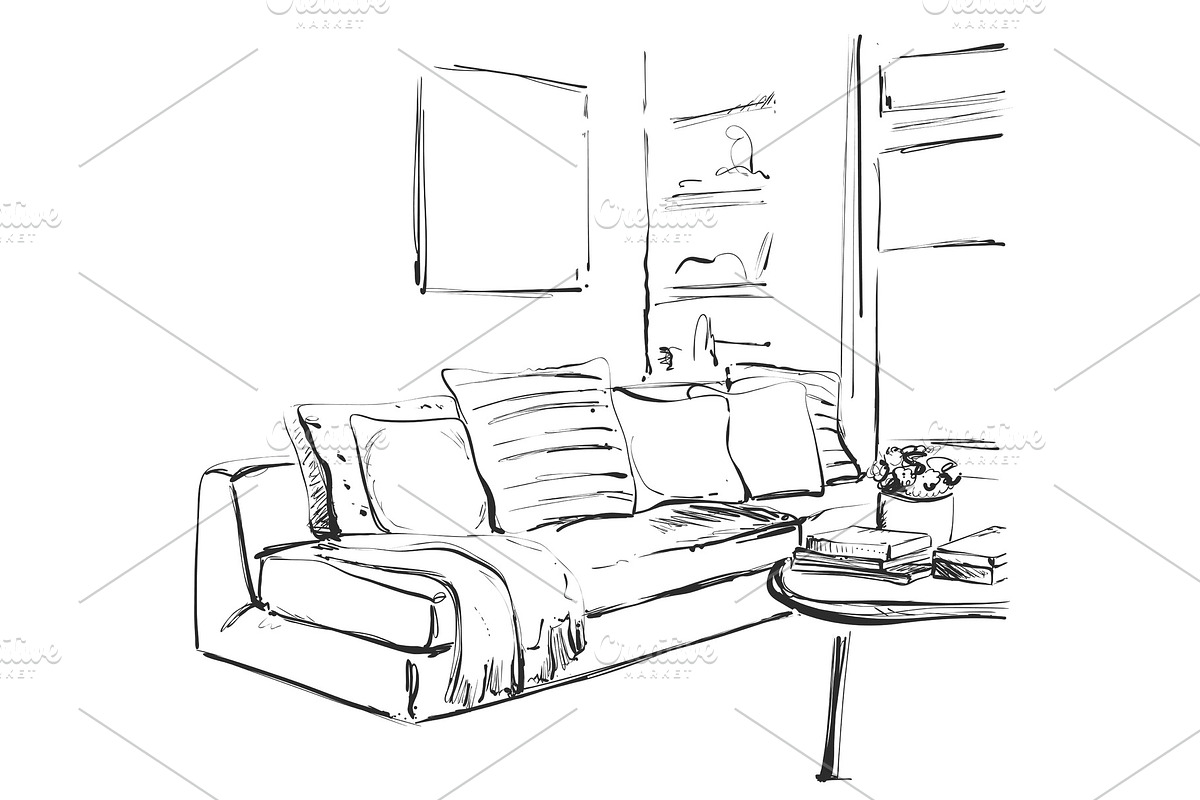 Living room graphic black white interior sketch illustration. Furniture in Illustrations - product preview 8