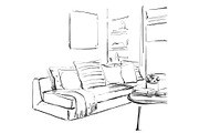 Living room graphic black white interior sketch illustration. Furniture