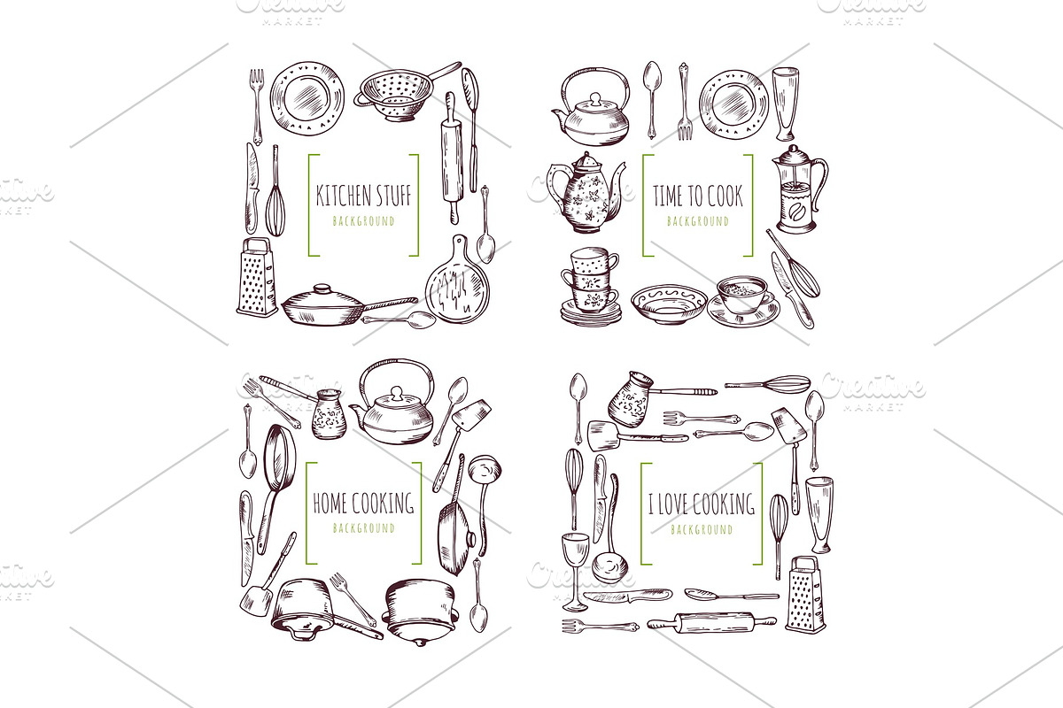Kitchen elements frames and place for your text. Food vector background in Illustrations - product preview 8