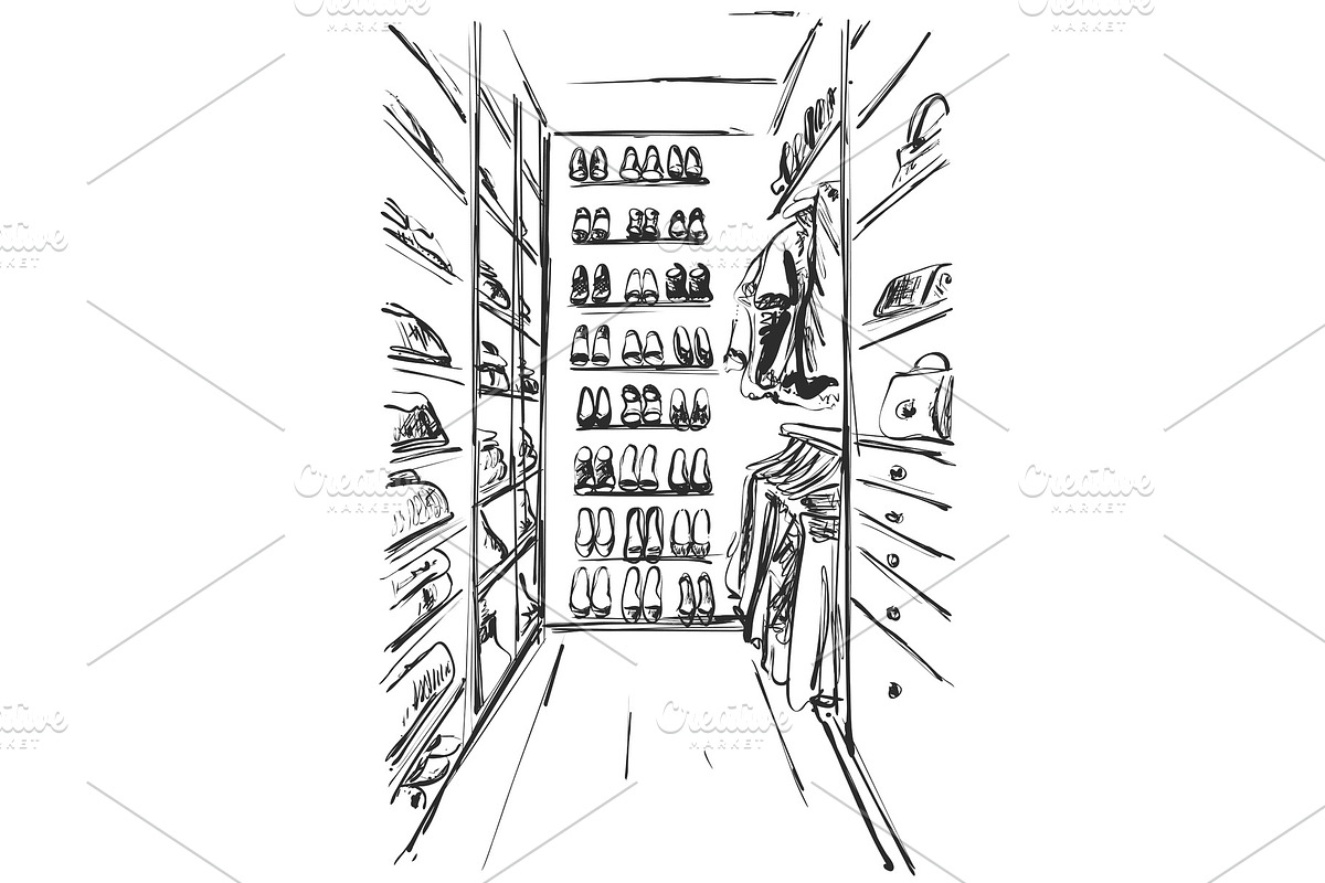 Hand drawn wardrobe sketch. Furniture. Dress, handbag and shoes. clothes. Dressing room in Illustrations - product preview 8
