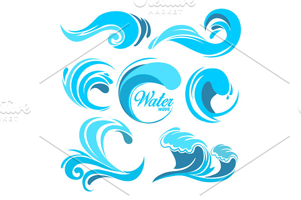 Water splashes and ocean waves. Vector graphic symbols for logo design