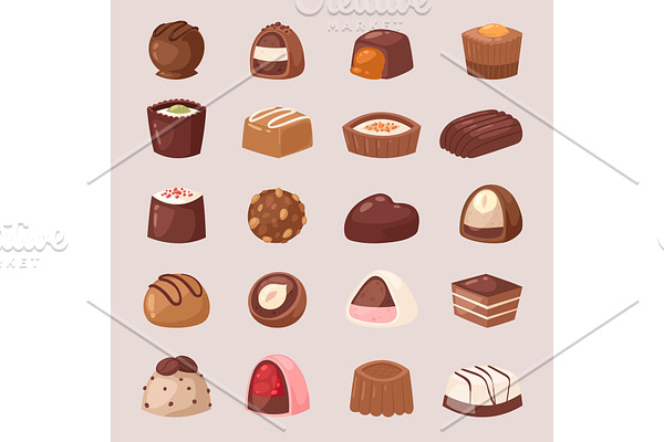 Chocolate candy vector sweet confection dessert with cocoa in confectionery shop illustration of tasty choco truffle in candyshop set isolated on background