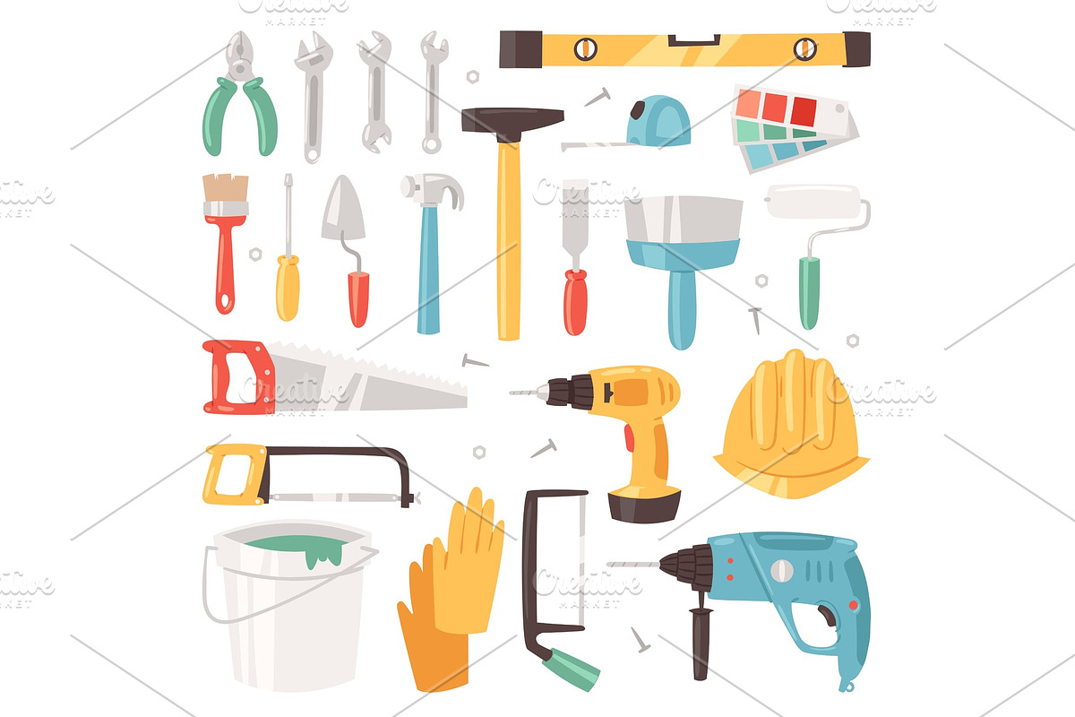 Construction equipment vector constructive tools of builder or constructor with hammer and screwdriver illustration of carpenters toolbox set isolated on white background in Illustrations - product preview 8