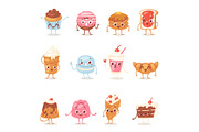 Cartoon cake character vector chocolate sweets confectionery cupcake emotion and sweet confection dessert with caked candies illustration confected donut in bakery set isolated on white background