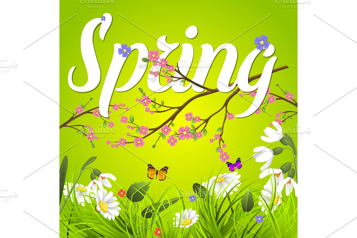 Spring vector text lettering background with flower floral green text letter ornament beautiful calligraphy flower hello Spring is coming poster illustration. in Illustrations - product preview 8