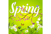 Spring vector text lettering background with flower floral green text letter ornament beautiful calligraphy flower hello Spring is coming poster illustration.