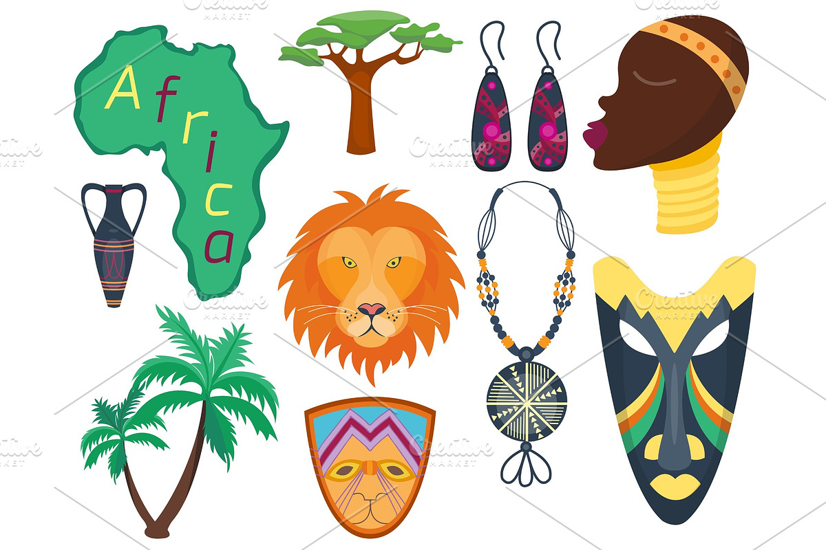 Africa vector icons jungle tribal and maasai ethnic african woman ancient safari traditional travel culture illustration in Illustrations - product preview 8