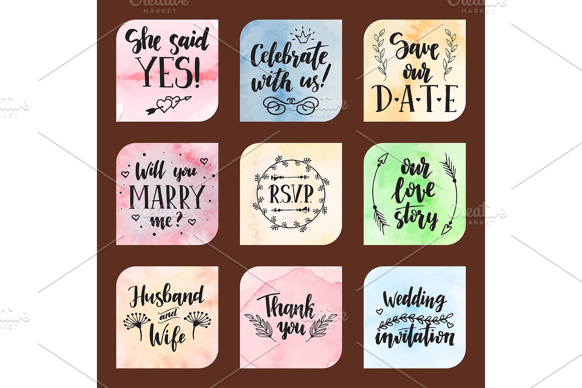 Wedding day marriage proposal phrases text lettering invitation cards calligraphy hand drawn greeting love label romantic vector illustration. in Illustrations - product preview 8