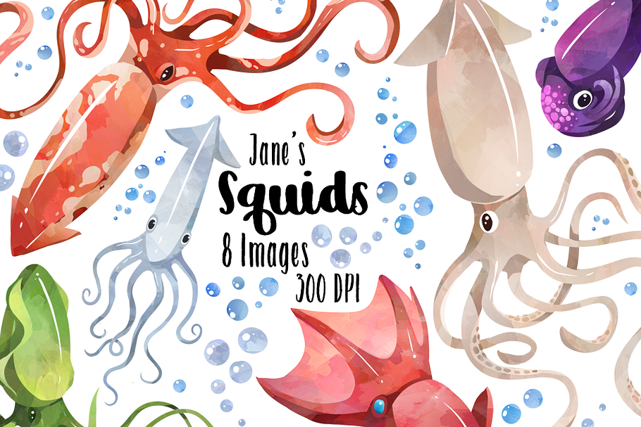 Watercolor Squids Clipart in Illustrations - product preview 8