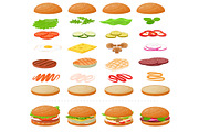 Burger vector fast food hamburger or cheeseburger constructor with ingredients meat bun tomato and cheese illustration fastdood sandwich or beefburger construction set isolated on white background