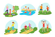 Family workout exercise vector active people mom or dad character and kids exercising together in park illustration set of man or woman with children training fitness isolated on white background