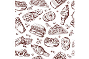 Fast food vector seamless pattern. Hand drawn illustration of hamburger sandwich cola and french fries