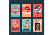 Summer, tropical postcards or retro posters with hand drawn letters. Vector illustration