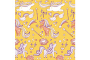 Seamless pattern with funny magic elements. Unicorn, wizard and miracle. Vector background