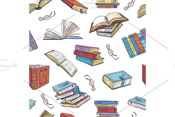 Different books from library. Doodle vector illustrations. Seamless pattern