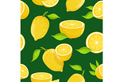 Lemon and different slices on dark background. Vector seamless pattern