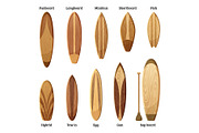 Different sizes and designs of wood surfboards isolate on white background. Vector illustration
