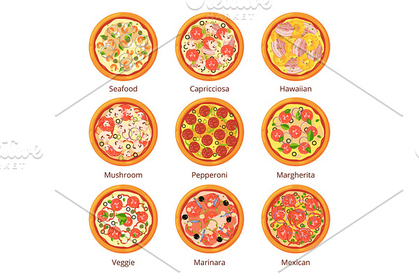 Classical italian food. Pizza top view in cartoon style. Vector illustrations isolated on white